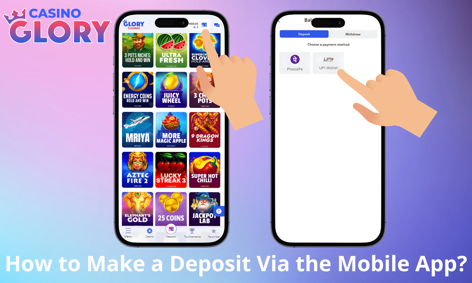 Glory Casino uygulaması aracılığıyla hesabınıza para yatırın