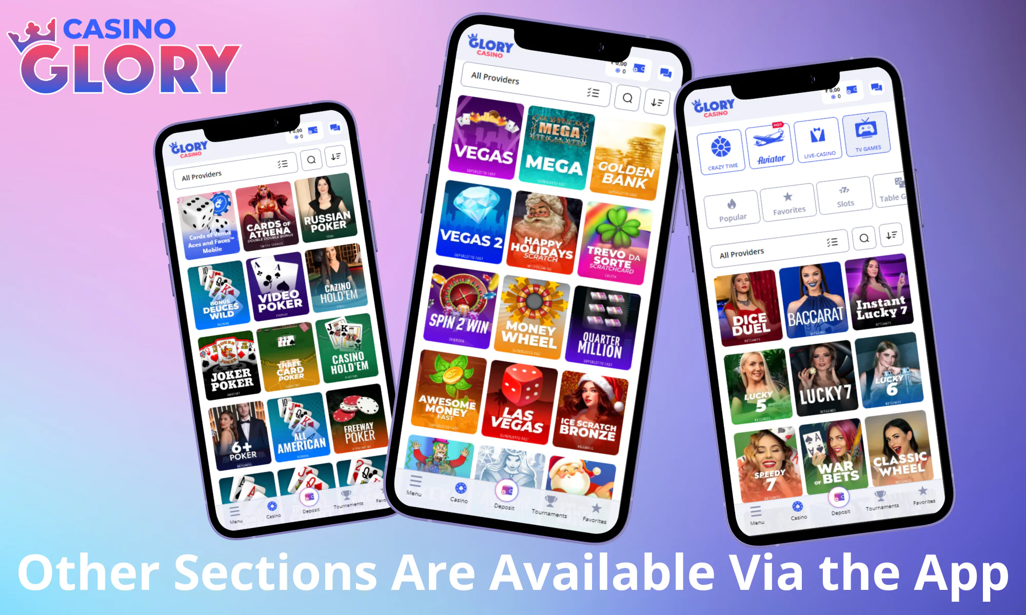 Glory Casino uygulamasındaki oyun kategorileri